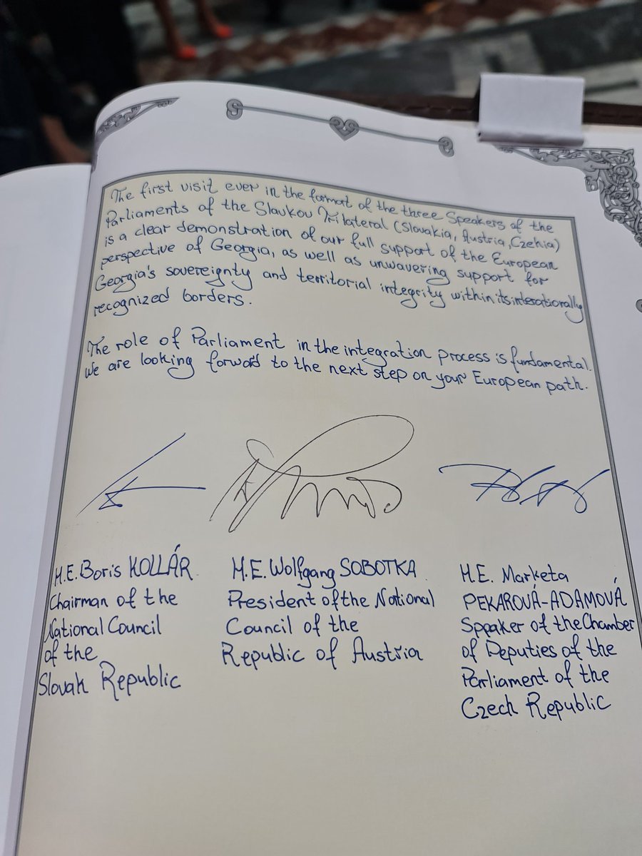 PVizdal's tweet photo. 2 intensive days of fruitful discussions! It was the first joint visit ever of the Speakers of Parliaments of Slavkov Trilateral 🇸🇰 🇦🇹 🇨🇿 Confirmed strong support to 🇬🇪 on its 🇪🇺 track! Also highlighted importance of fulfillment the 12 recommendations. https://t.co/Q0asHsjHs0
