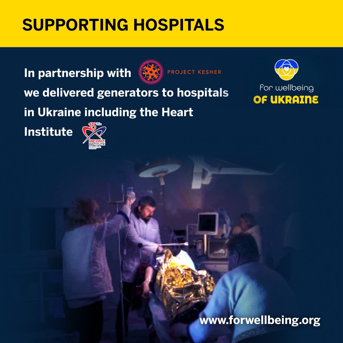 In partnership with Project Kesher we delivered a generator to the Heart Institute in Kyiv. The generator was installed in the ICU unit enabling medical staff to deliver critical services during rocket attacks and blackouts. 
Please join us by donating at 
forwellbeing.org