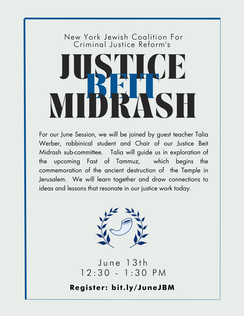 Please join us NEXT TUESDAY for our June Justice Beit Midrash! Register: bit.ly/JuneJBM