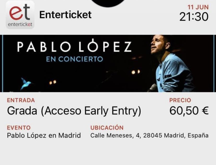 whitemmc's tweet photo. Hola, vendo entrada para el concierto de Pablo López en Madrid el 11 de Junio, está situada en grada con acceso eatly entry, precio negociable, si estás interesado escribeme por privado @PabloLopezMusic https://t.co/jIEgGocTQw