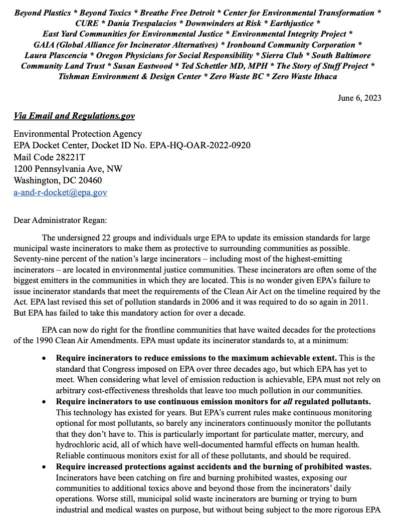 We've submitted comments to @EPA, alongside 21 #EnvironmentalJustice & community groups and individuals, urging the agency to update its emission standards for large municipal waste incinerators to make them as protective to surrounding communities as possible. Read our letter: