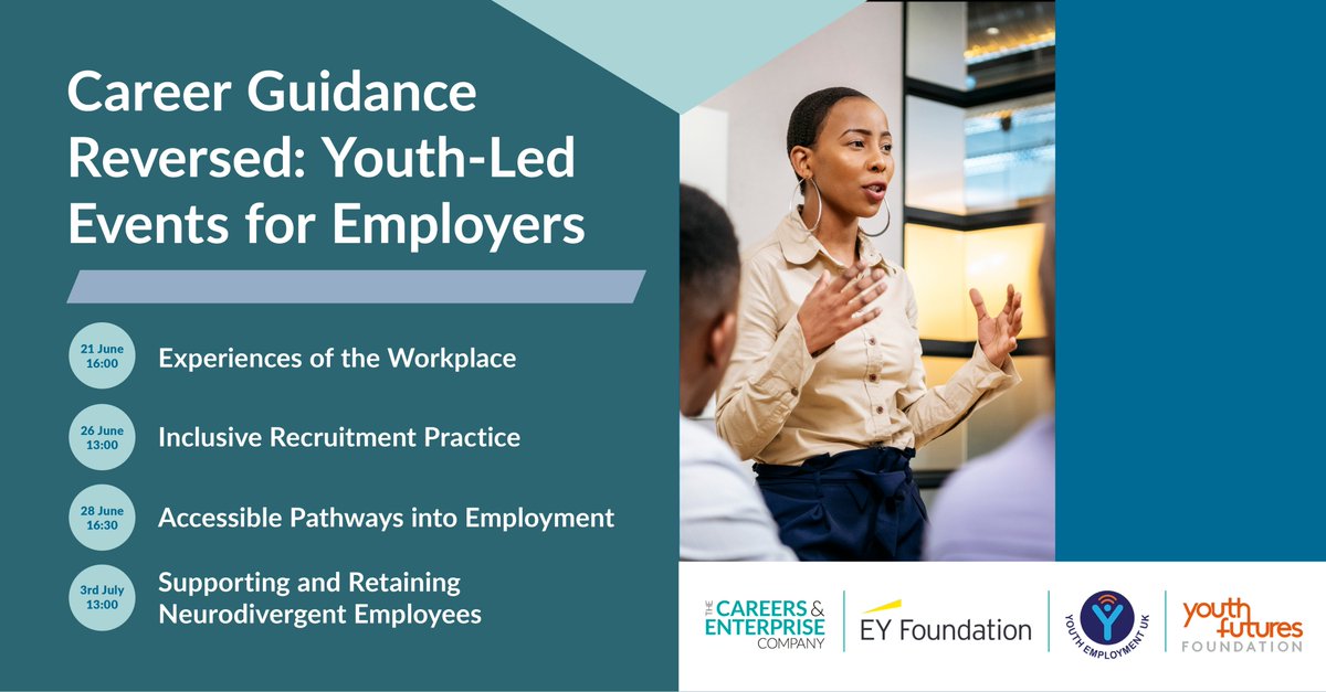 Careers Guidance Reversed: Youth-Led Events for Employers Join youth ambassadors & representatives from EY Foundation, @YF_Foundation, @CareerEnt, and @YEUK2012 for a series of free online events. Sign up or find out more: bit.ly/3NetGID #Events #Employment