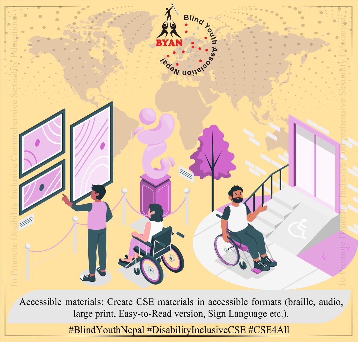 Blindyouthnepal's tweet photo. How to Promote Disability Inclusive Comprehensive Sexuality Education:
* Accessible materials: Create CSE materials in accessible formats (braille, audio, large print, Easy-to-Read version, Sign Language etc.).
#CSEforAll #CSE 
#BlindYouthNepal 
@RHRNNepal https://t.co/b6thiGAXXV