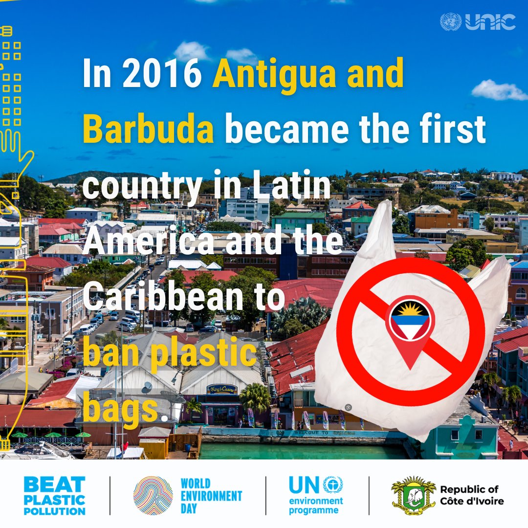 There is a blue awakening happening across Latin America and the #Caribbean as States say 𝗡𝗢 to #plastics 🌊

➡️ #AntiguaandBarbuda became the first #LAC country to ban plastic bags in 2016 🚫

See more #LAC leaders working to #BeatPlasticpollution 🔗 tinyurl.com/bdem8f69