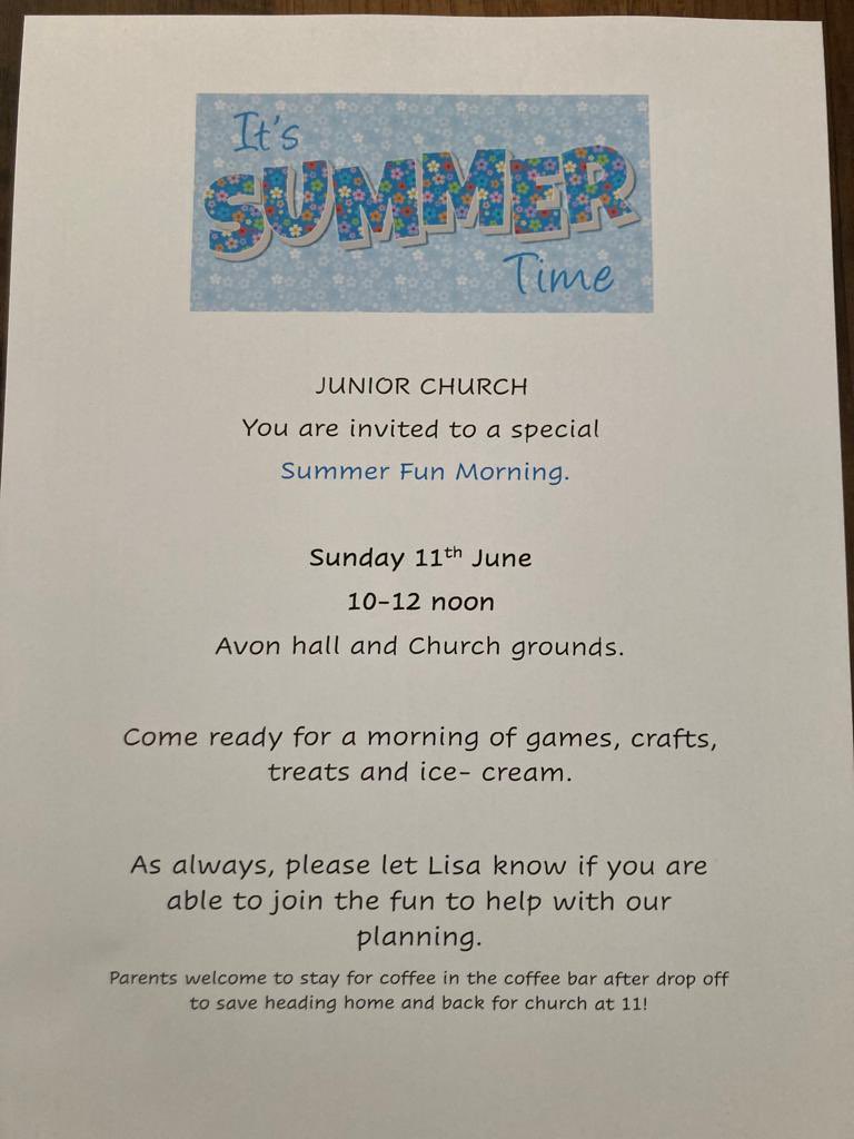 Don’t forget! This Sunday is our Junior Church ☀️☀️Summer Fun Morning ☀️☀️Starting earlier than usual at 10am, there will be games, crafts, treats and ice-cream! 🍦🍦🍦Please let Lisa know if you can attend.