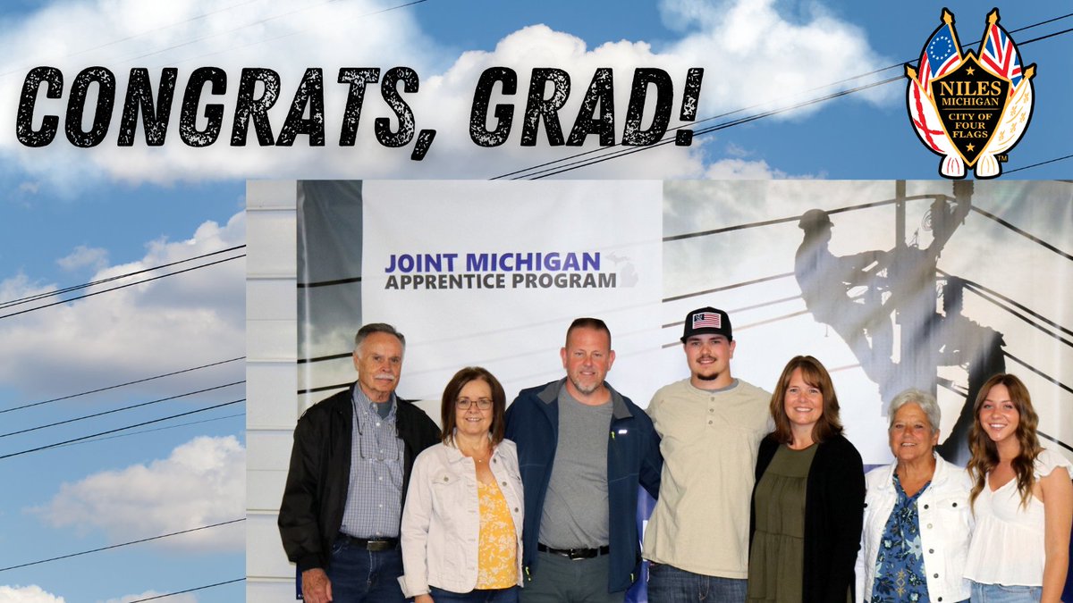 NilesUtilities's tweet photo. The City of Niles is proud to announce that utility employee Cade Best, pictured here with his family, recently graduated from the Joint Michigan Apprentice Program and is now a Journey Lineworker.  

Four years of hard work have paid off... Congratulations, Cade! https://t.co/5rikqD8kpQ