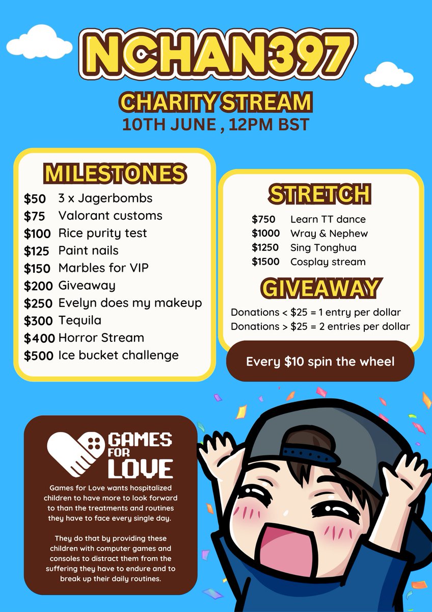 First charity stream this weekend! Gamesforlove is a public charity dedicated to easing suffering, saving lives, and creating sustainable futures for children.  Make sure to drop by and say hi! 
Credits to @yuyi_uk for the poster #gamesforlove #twitchstreamer