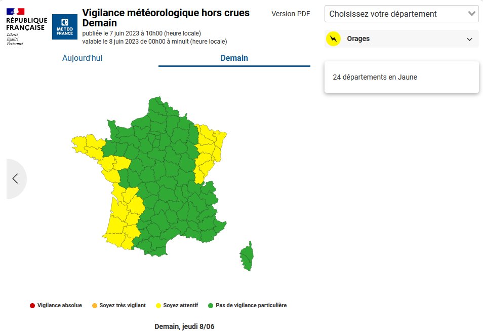 🟡⛈️#Vigilancejaune #Orages pour #Vendée, #LoireAtlantique, #MaineEtLoire,#Morbihan, #Finistère,#cotedarmor demain jeudi à partir du milieu d'après-midi. Outre la #foudre, intensités pluvieuses significatives par endroits attendues.
➡️Restez informés sur vigilance.meteofrance.fr .
