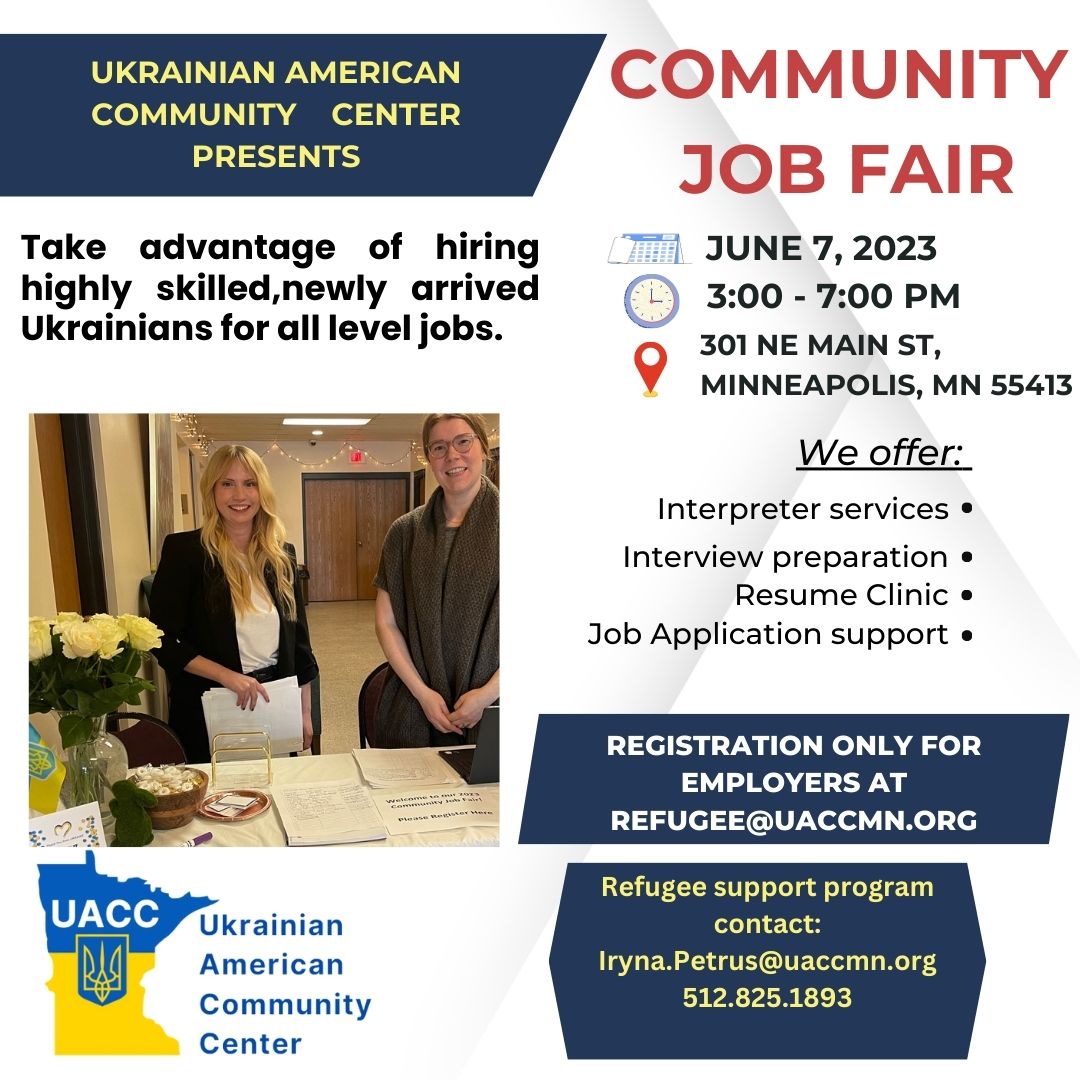 CityMplsJobs's tweet photo. The City of Minneapolis will be at the Ukrainian Community Job Fair today at 3:00 pm! Come out to learn about the career opportunities we have within the City. Take some time out to talk with a recruiter before you start your career. https://t.co/ENHIudjFGI