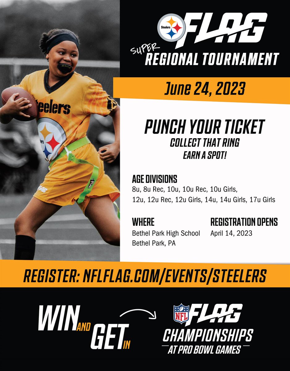 We're hosting a Super Regional Tournament in collaboration with @NFLFLag for boys and girls ages 8-17 on June 24 at Bethel Park High School. 🏈 Division winners can earn a spot in the NFL Flag Championships at the 2024 #ProBowlGames! Details ➡️ bit.ly/3X1wVX5