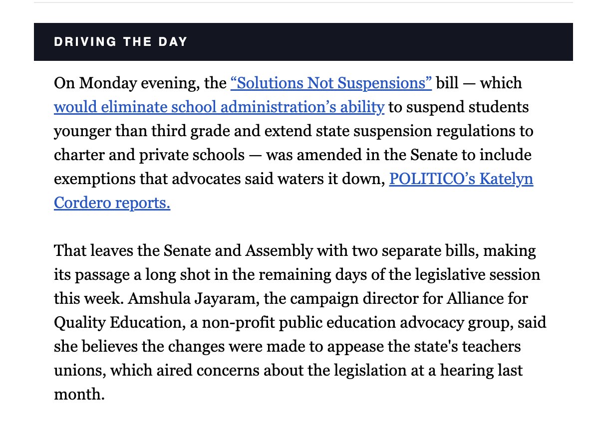 The original #SolutionsNotSuspensions bill offers the necessary protections for students of color and students with disabilities across NY, who have been criminalized in schools for too long. 

The legislature should pass the Assembly version of the bill and enact it into law.