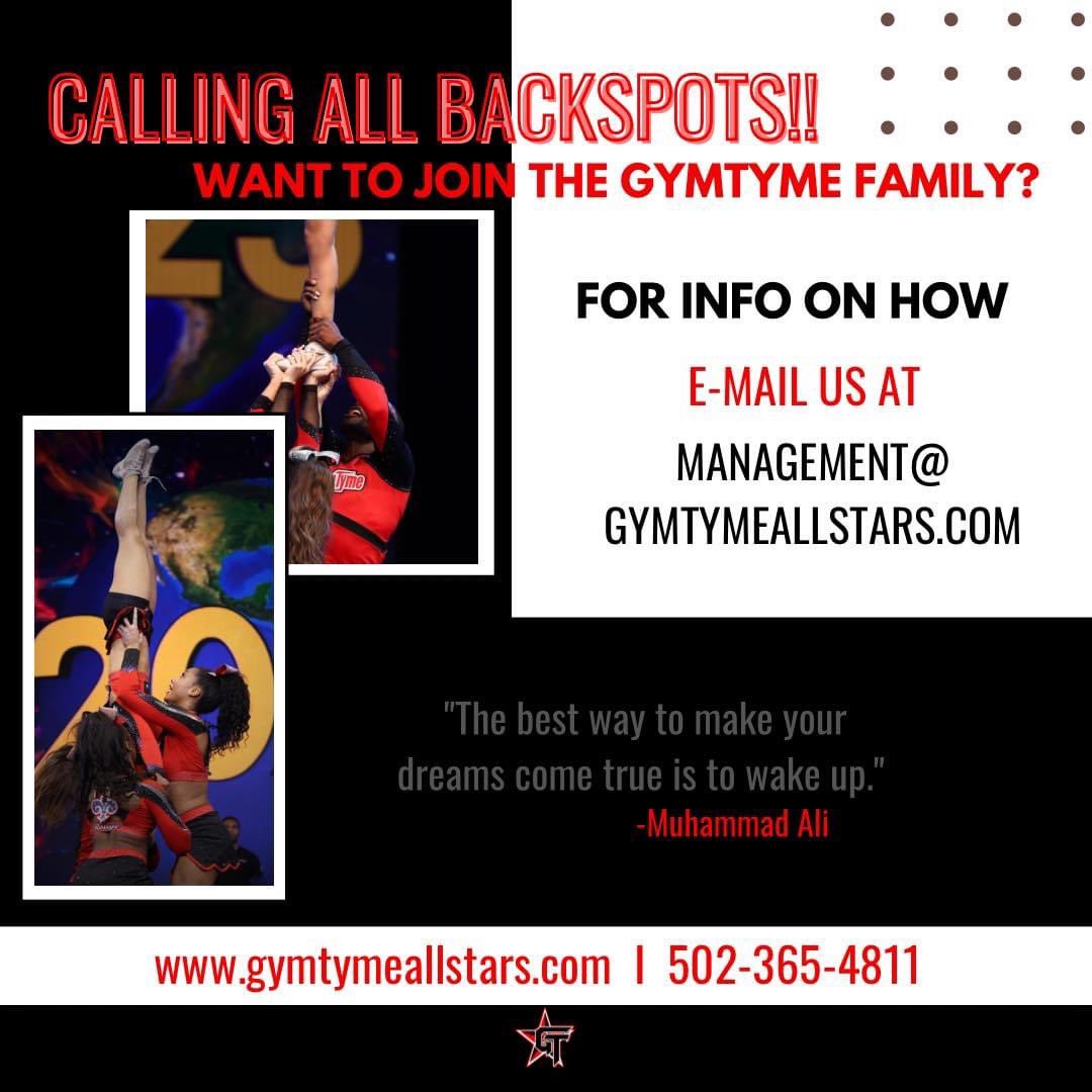 🚨CALLING ALL BACKSPOTS!!🚨 There's a place for you at Gymtyme!! 

If you want to join the GT family, shoot us an email! ITS NOT TOO LATE!! ⏰ 

#GymtymeAllstars #TheGymtymeWay