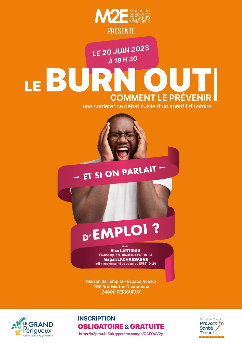 #prévention #burnout   Soirée débat proposé par la Maison de l'Emploi du Grand Périgueux et le SPST 19-24 "le burn out, comment le prévenir ?" Pour s'inscrire : spst19-24.org <a href="/medefperigord/">MEDEF Périgord</a> <a href="/Cpme24/">CPME Dordogne</a> <a href="/CCIDordogne/">CCI Dordogne</a> <a href="/Cpam24/">CPAM Dordogne Actu</a> <a href="/PresanseNA/">Presanse-Nouvelle-Aquitaine</a> <a href="/presanse/">Presanse</a>