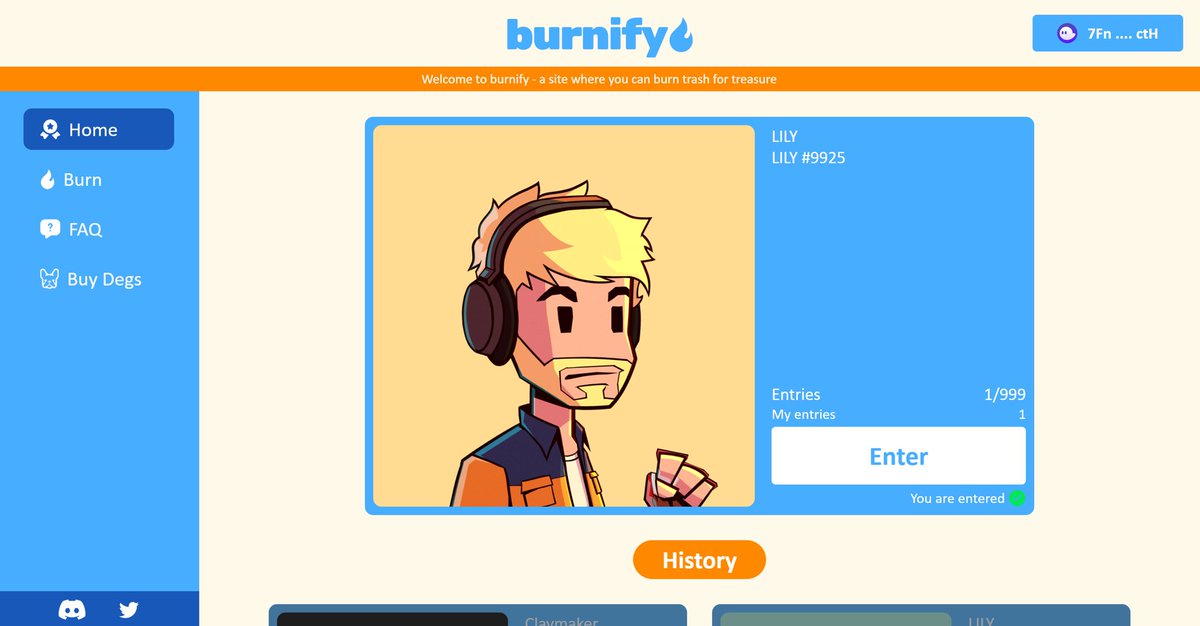 burnify.net public release 🎉

Our first prize is this <a href="/THELILYNFT/">LILY</a>

Enter for a chance to win by burning your rugs @ burnify.net

If you need extra NFTs to burn we opened a free mint. Link Below 👇