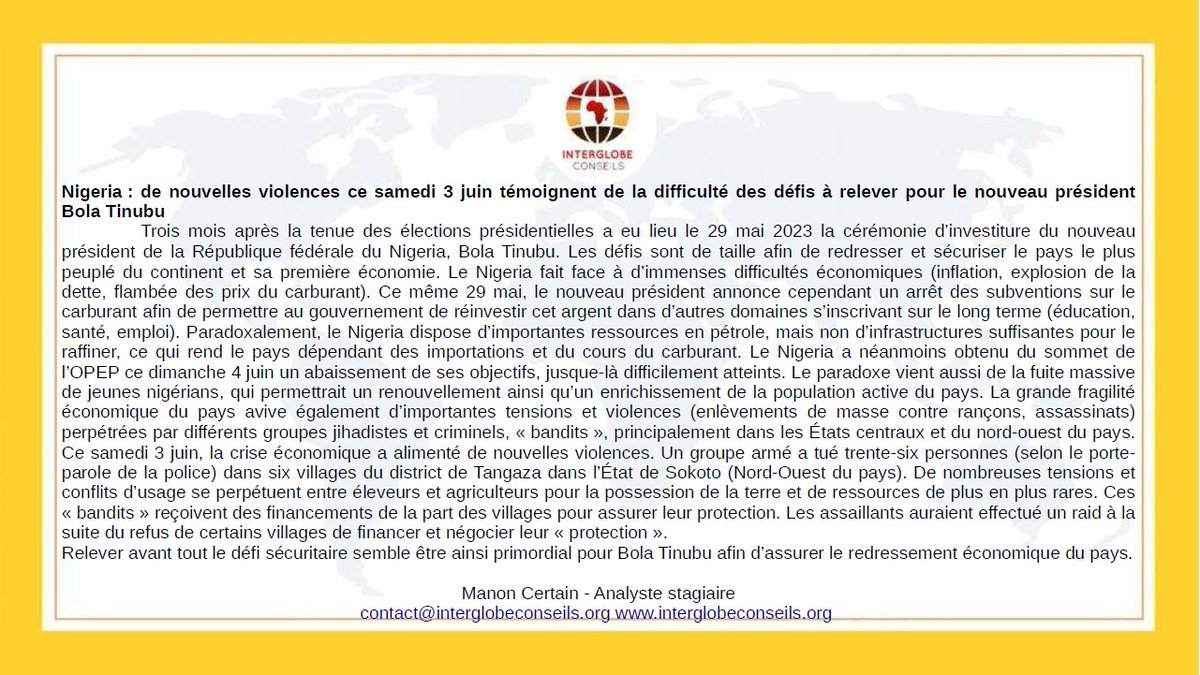 AGJ l #actualité #geopolitique #jour InterGlobe Conseils🌍🌏I Focus sur le Nigeria dans le Golfe de Guinée et le Koweït au Moyen-Orient.

Notre #expertise pour votre #succès :🔎Veilles géopolitiques et sécuritaires ;🔎Évaluation risque-pays et risque entreprise🔎Fiches-pays …
