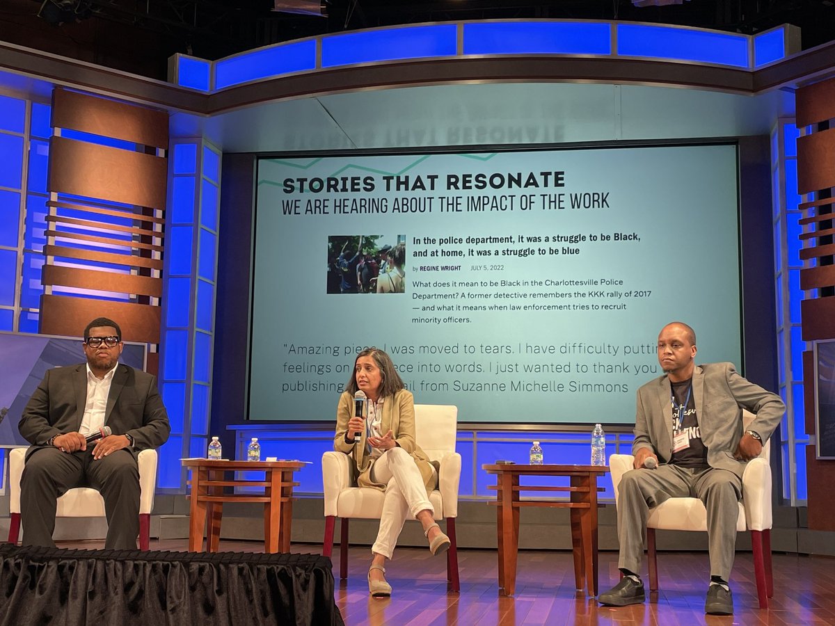 ekemma's tweet image. “First Person Charlottesville gets people with personal experiences to tell their stories, tell their traumas the way they want to. They are paid and supported to do so.” - Angilee Shah, CEO/Editor-in-Chief, Charlottesville Tomorrow  #cjs2023