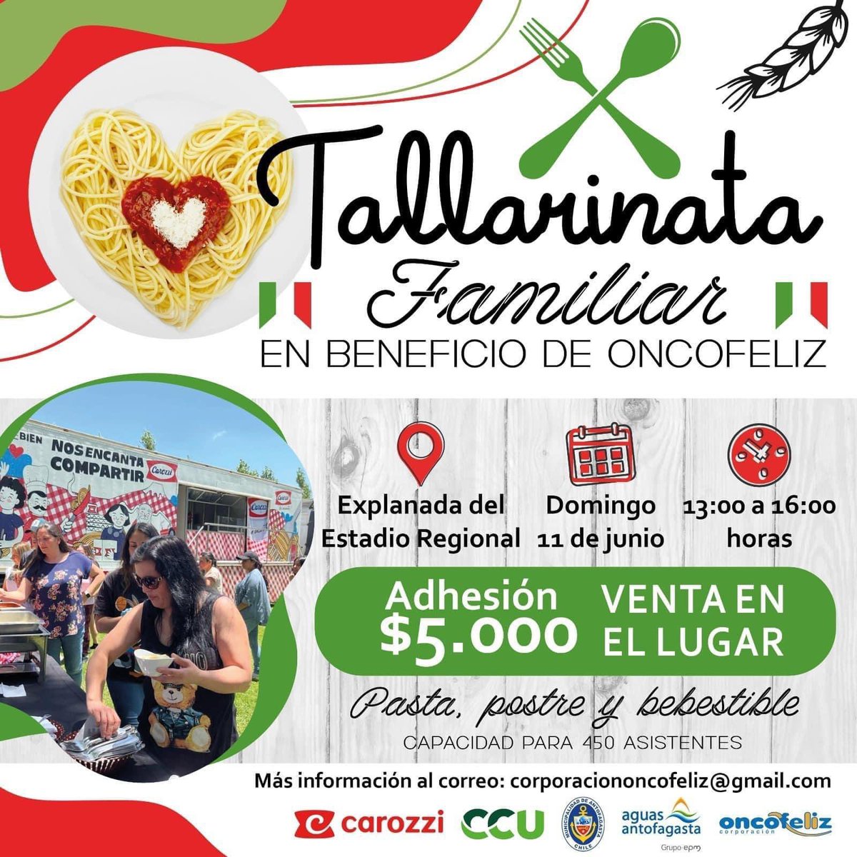 Como CP Comunicaciones continuamos apoyando la Gran Tallarinata Familiar en beneficio de los niños y niñas de Oncofeliz. 👏
 
La actividad se realizará este domingo 11 de junio desde las 13:00 horas en la Explanada del Estadio Regional. 🏟️

(Hilo)