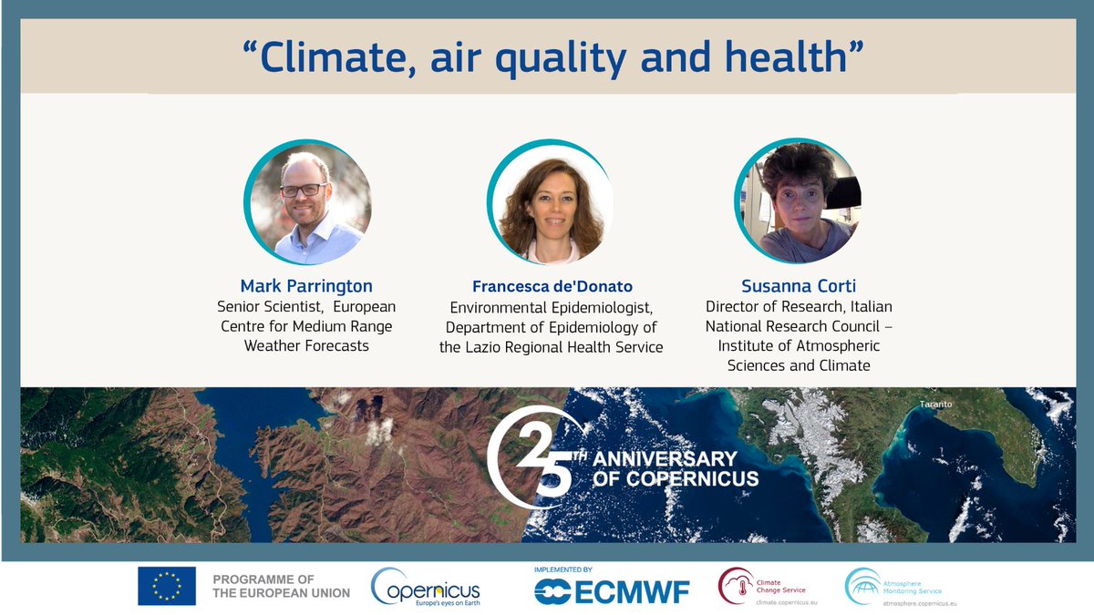 📢Tomorrow @ECMWF' senior scientist, @m_parrington, together with Francesca de'Donato & @Susanna_Corti, will discuss the role of #Copernicus in #climatechange, #airquality and #health. 🔴Watch it LIVE at the #Copernicus25 event at 11:55 CEST 👇 copernicus25.eu/welcome/