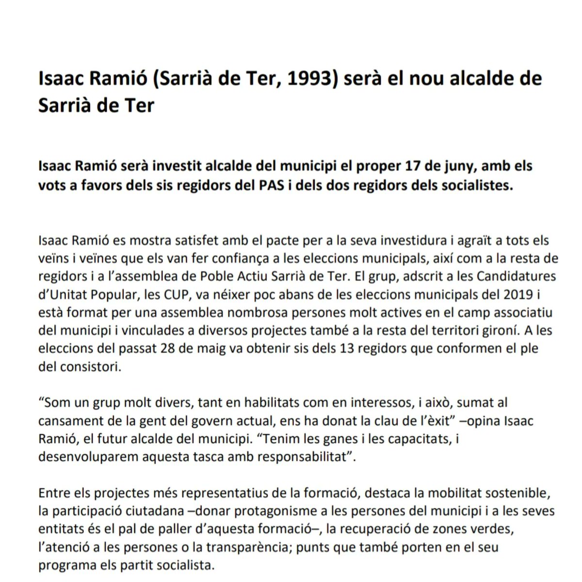 pobleactiusarri's tweet photo. Isaac Ramió serà investit alcalde amb els vots a favor dels regidors del PAS i del PSC. https://t.co/pujgAhkCra