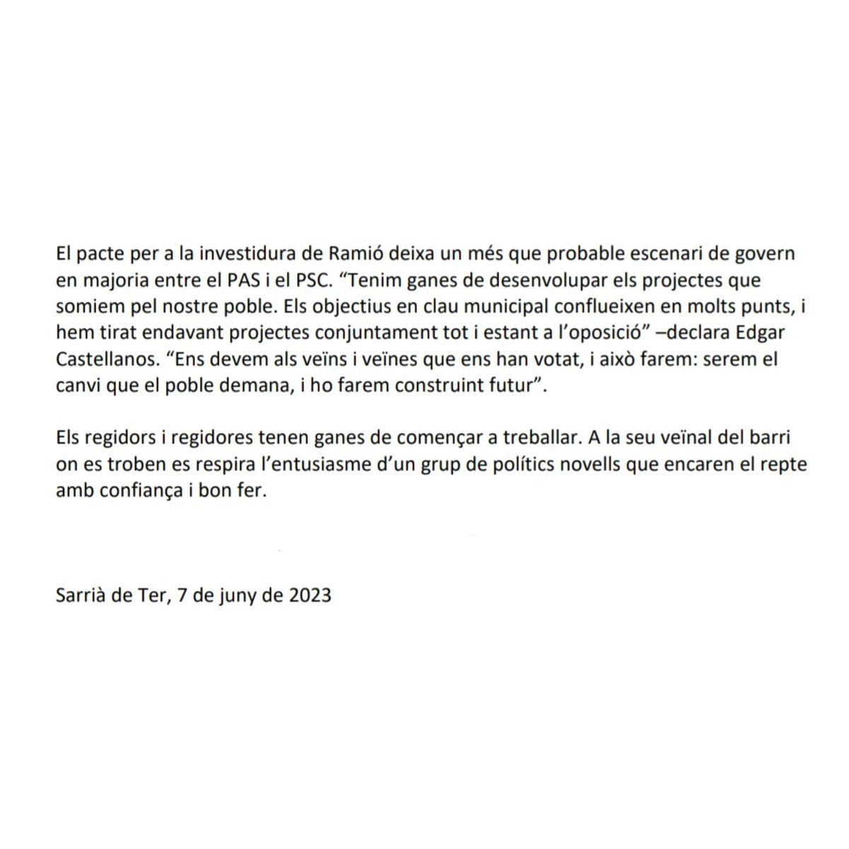 pobleactiusarri's tweet photo. Isaac Ramió serà investit alcalde amb els vots a favor dels regidors del PAS i del PSC. https://t.co/pujgAhkCra