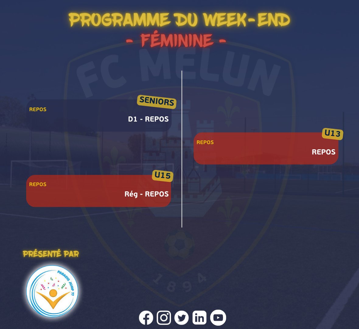 🗓Planning des matchs du week-end 💥

Notre partenaire @paradisjump a le plaisir de vous annoncer le planning des rencontres de cette fin de semaine.

👶Pôle école de foot
👦Pôle pré-formation
🧔‍♂️Pôle formation
👩‍🦰Pôle féminin

Bon week-end à tous !

#TeamFCMelun ❤️💙