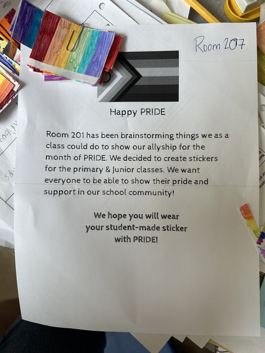 ClareArena's tweet photo. Room 201 students have made rainbow stickers for the primary and junior students @Sprucecourt. Today we raise the 🏳️‍🌈 and show how we can all be allies to the 2SLGBTQ+ community! Celebrate diversity. #pride #joy #antihomophobia #relearn #inclusion #LoveSprucecourt https://t.co/DnmRcKLqtB