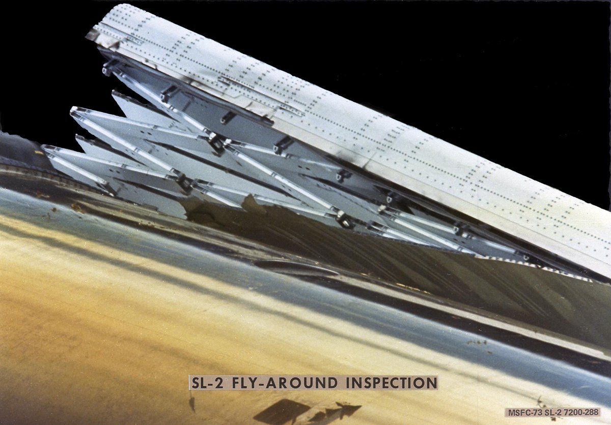NASAhistory's tweet photo. 50 years ago: the first ever repair spacewalk! ๐ง
When Skylab was launched on May 14, 1973, one of the solar arrays on its Orbital Workshop was ripped off and the other was jammed closed with debris. The space station was losing power. https://t.co/vnltIVF9v1