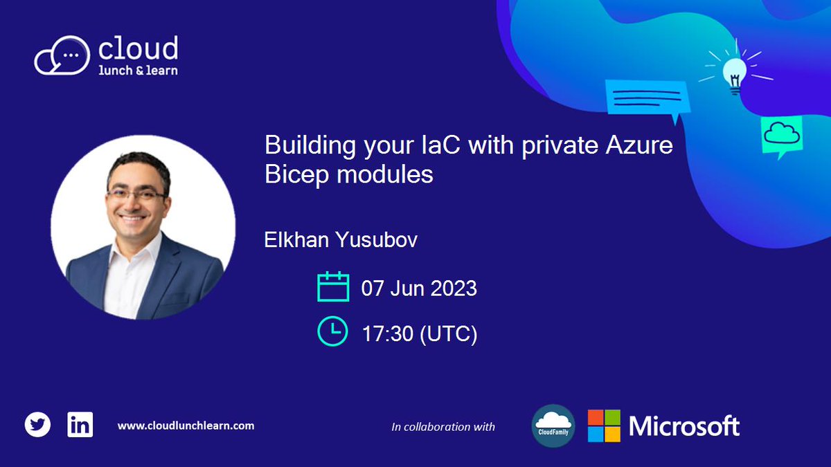 😀 Come lunch and learn with us 😀

📚 Building your IaC with private Azure Bicep modules
📅 Wednesday 7/6 at 17:30 UTC
🎫 bit.ly/3td92gd

#Cloud #Learn #100DaysOfCloud #Dev #Azure