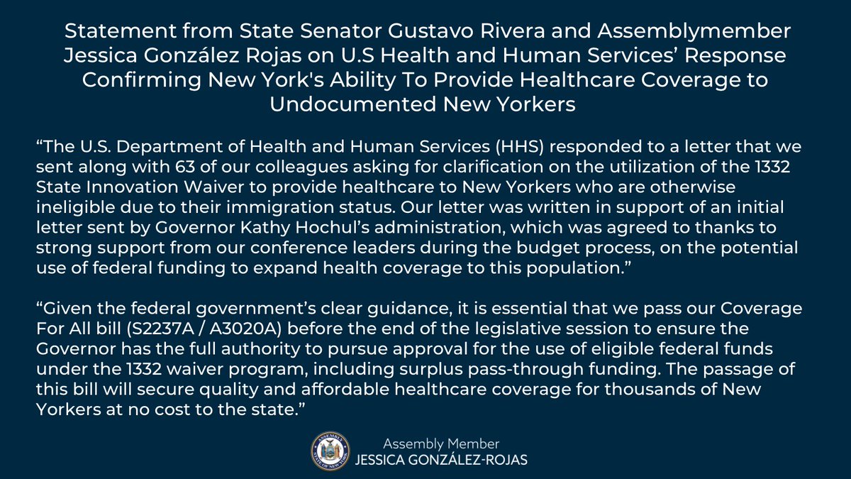 votejgr's tweet photo. Statement from State Senator Gustavo Rivera and Assemblymember Jessica González Rojas on U.S Health and Human Services’ Response Confirming New York's Ability To Provide Healthcare Coverage to Undocumented New Yorkers #Coverage4All https://t.co/RopB8EBFnI
