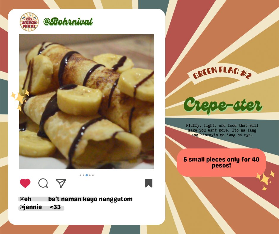 bohrnival's tweet photo. “I 🧍 didn’t ❌ know 💡 that 😮 I 🧍‍♂️was 🏎️ starving 🤤 ‘til 👀 I 🧍‍♀️ tasted 😋 you 🫵”

KUMAIN KA NA BAAA? 🙈 

If no, then pick the right choice! 👀 Eat at Bohrnival Snack Bar! 😎

If yes, that’s not a problem, 😇 we have desserts that will satisfy your sweet tooth! 😉 https://t.co/v9JwIh7Exb