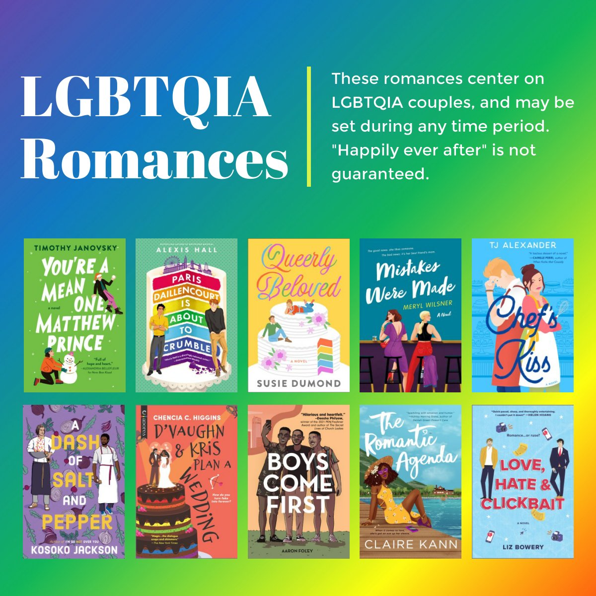 NOBLELibraries's tweet image. Pride Month continues! These romances center on LGBTQIA couples, and may be set during any time period. "Happily ever after" is not guaranteed. Request one or more titles from the NOBLE catalog. Happy reading! #noblelibraries libraryaware.com/2SPVRK