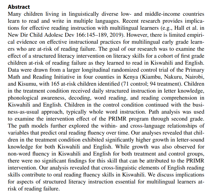 AromuBrenda's tweet photo. Multilingual children from Low-Income contexts are at risk of reading failure. Providing intensive multitiered structured interventions improves their foundational literacy skills. Read our new publication on evidence from Kenya.@benlpiper @BarnesStory
https://t.co/4FHsh7oN7L https://t.co/YtF99ZhBwp