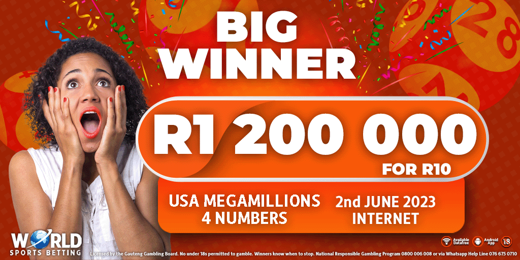 WorldSportsBet's tweet photo. Congratulations to our Lotto client, who, on Friday, collected an incredible R 1.2 MILLION for just R10 playing the USA Megamillions 👏💫🎉🍾
You can be our next BIG winner! Bet numbers #WithTheBest @ https://t.co/NhoGah6hCf #LuckyNumbers #WSB #Lotto https://t.co/olpRSfSpr6