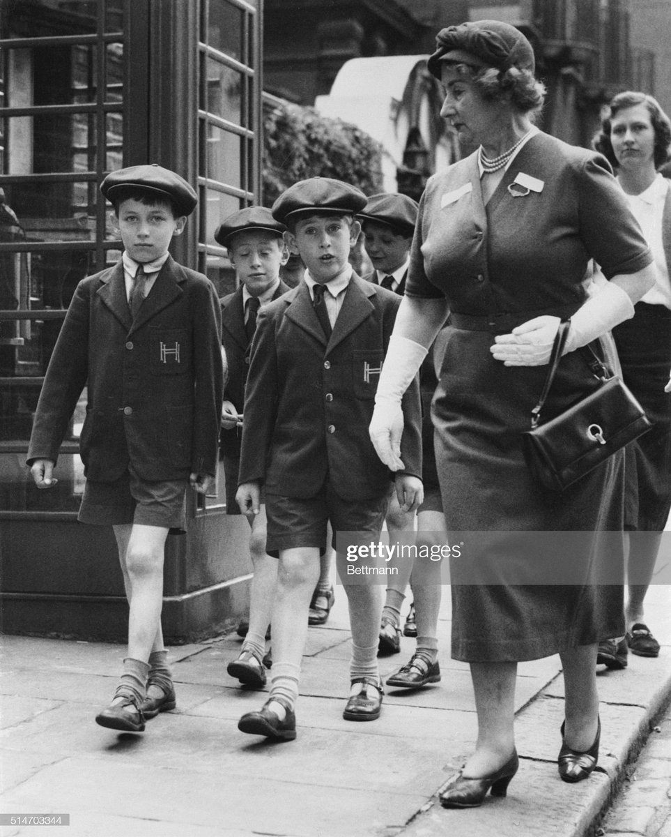 #royal #flashback '1957-London, England: Back to school and fully recovered from his recent  tonsilectomy, eight year old Prince Charles (Center) goes out June 7th for a recreational period walk with some of his class mates escorted by an unidentified schoolmistress.