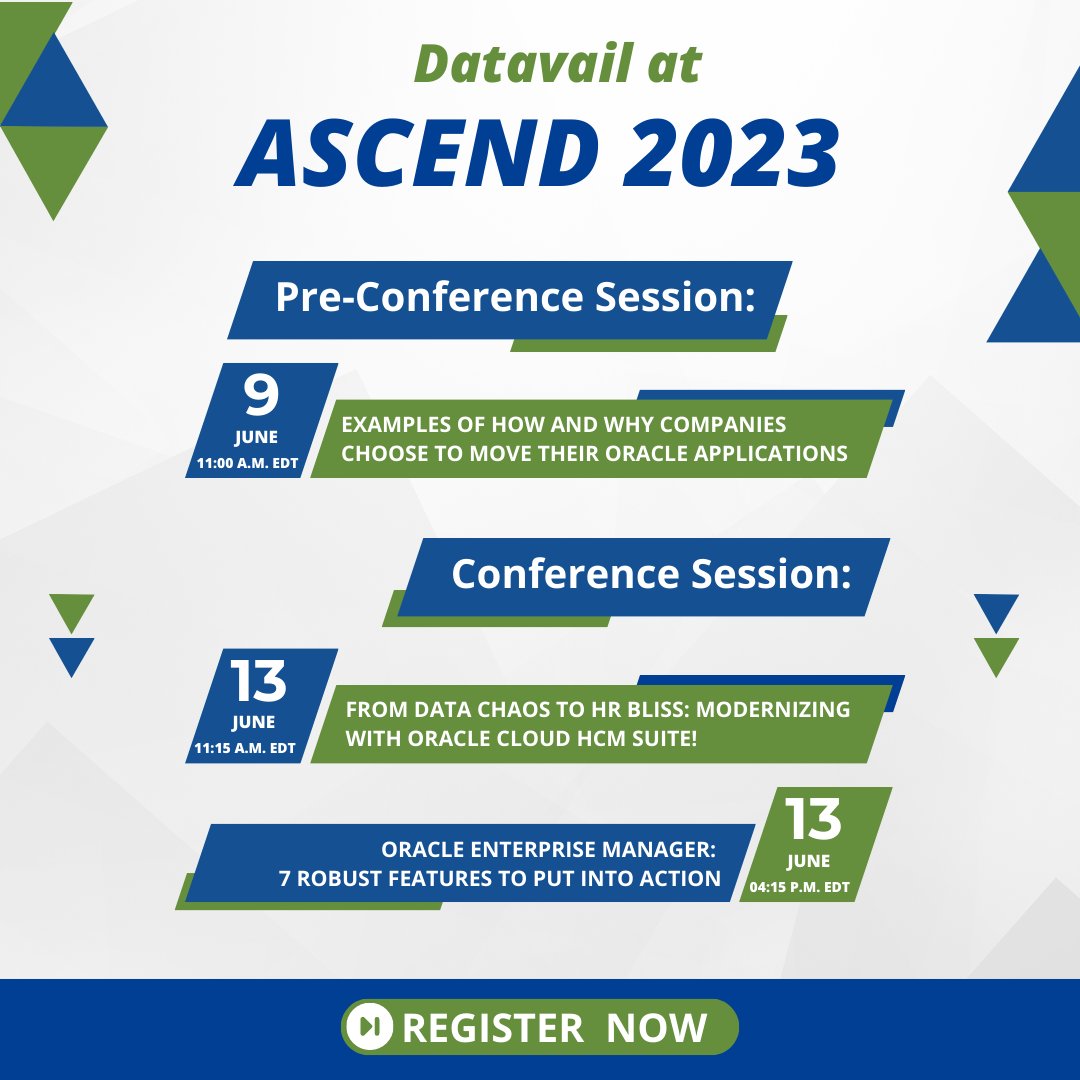 datavail's tweet image. Datavail is a platinum sponsor at #Ascend2023 and dives deep into the world of Oracle with our extensive lineup of technical sessions. Click on the link to learn more: bit.ly/3DQ1FCd

#oracle #oracleapplications #oraclecloud #oraclehcm #oem