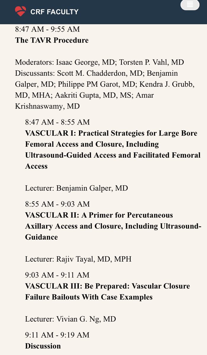 Excited for TVT 2023 to get underway. iCOACH EC this morning great opportunity for fellows and EC to engage in key aspects to ensure procedural success. Looking forward to speaking with @DrVivianNg @RajTayalMD on femoral access in TAVR. Should be a great meeting! @crfheart