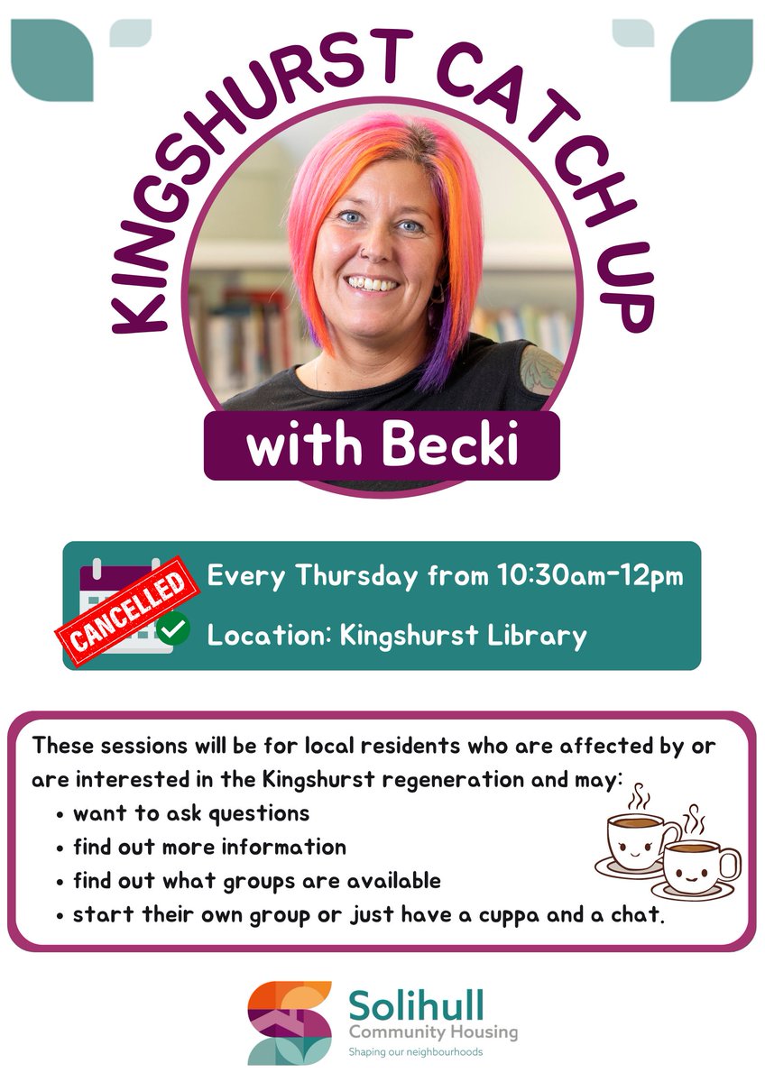 Please note that the next two Kingshurst Catch-Up sessions with Becki have been cancelled. These will resume on 22 June.

We apologise for any inconvenience.