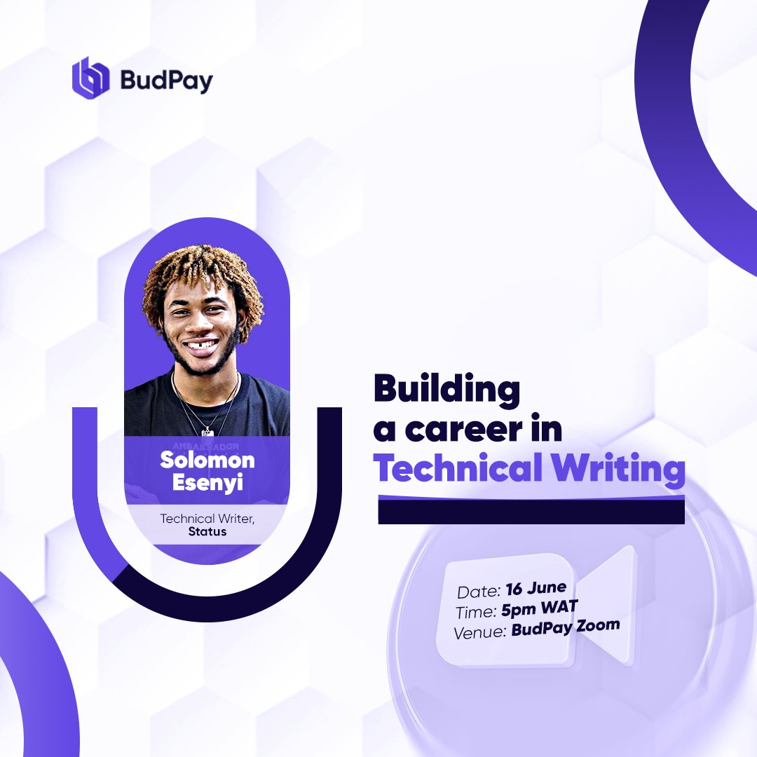 mybudpay's tweet image. Exciting News! Join us for an exclusive workshop on &quot;Building a Career in Technical Writing&quot; in the BudPay Developer community.

Mark your calendars: 16th June 2023, Time: 5:00 PM. 

Limited spots are available, so make sure to secure your spot now! bit.ly/BudPayforDevs
