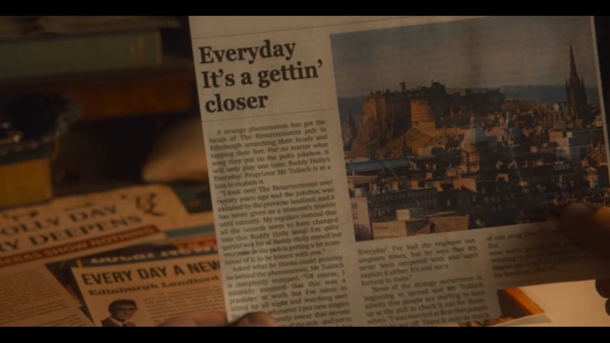 “a strange phenomenon has got the locals of the resurrectionist pub in edinburgh scratching their heads and tapping their feet. for no matter what song they put on the pub’s jukebox, it will only play buddy holly’s everyday. proprietor mr tulloch to at a loss to explain it.
