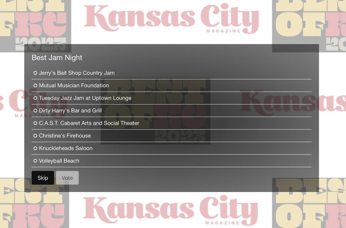 Thank you for nominating us for Best Jam Night in Kansas City Magazine's Best of KC 2023. Please cast your final vote. Voting ends this Saturday, June 10!

vote.kansascitymag.com/arts-and-cultu…

#KC #bestofkc