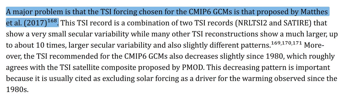 5th point has to do with the misrepresentation of the CMIP6 TSI forcing. There are indeed many models reconstructing TSI in different ways (see our recent paper for a lengthier description arxiv.org/abs/2303.03046 ). SATIRE and NRLTSI are 2 of the most matured & advanced models.