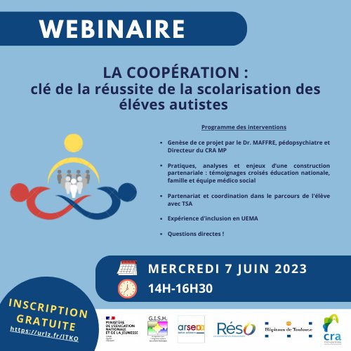 celine_calmels's tweet photo. Le 1er Webinaire,  Coopération pour une scolarisation des élèves TSA, organisé par le Centre Ressource Autisme  et ses partenaires, a mobilisé un grand nombre de participants. Merci aux intervenants du médico-social et aux PR.TSA Professeurs Ressources  TSA de l'ac-toulouse. https://t.co/JoCvnXLWKo