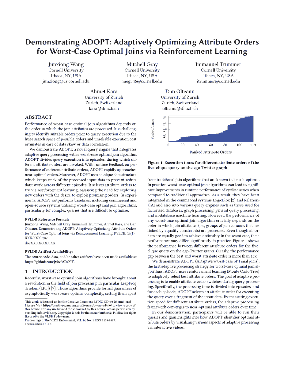 ImmanuelTrummer's tweet photo. Two demos accepted at #VLDB2023!
- GPT-DB: writing code for data processing via #GPT4
- ADOPT: adaptive processing for worst-case optimal joins
Hope to see you in #Vancouver!
#NLP #DB #AI #ML #GPT #AdaptiveProcessing #QueryOptimization #DBMS #SQL #VLDB https://t.co/uOtbVM5ffh