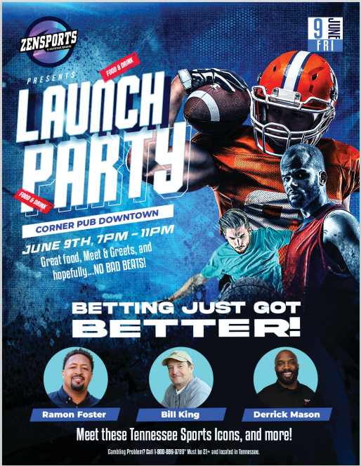 ZENSPORTS SPORTSBOOK TN LAUNCH PARTY!! Join us this Friday (6/9) at 7 PM CST at the Corner Pub Downtown for Drinks, Good Eats, and Hopefully NO BAD BEATS! We will be watching Game 4 of the NBA Finals on the big screen, and have lots of ZenSports swag to give away! Must be 21+ to