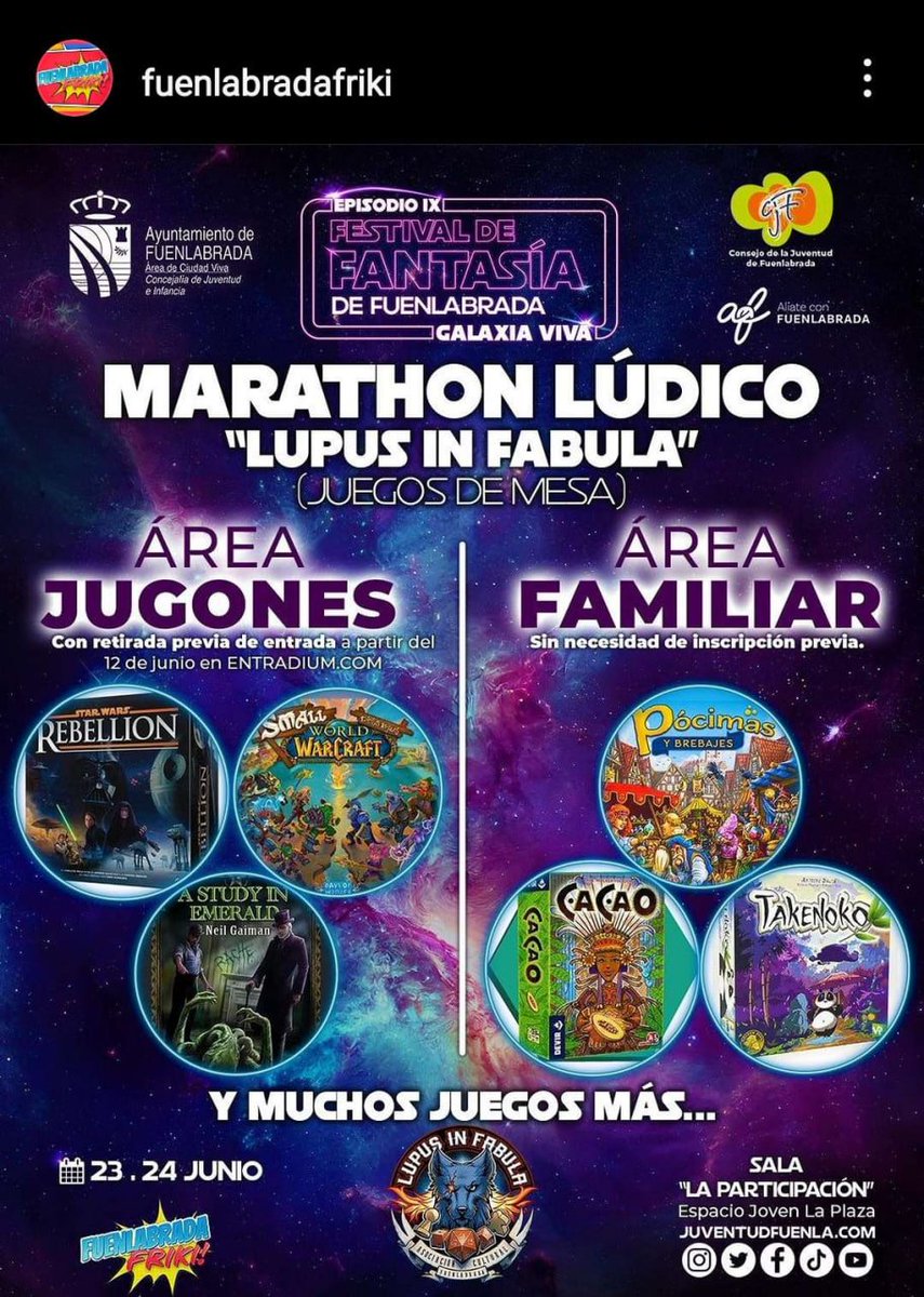 aclupusinfabula's tweet photo. Reservad estas fechas porque estaremos en el #FFF que se celebra en #fuenlabrada del 23 al 25 de junio.

En unos dias estara disponible la url para reservar plaza

#boardgames #juegosdemesa #FuenlabradaCiudadViva https://t.co/Dvp5DDK4Ba