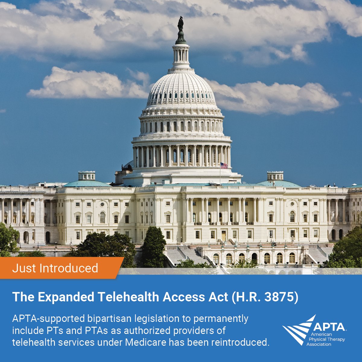 APTA_official's tweet photo. Today on Capitol Hill, APTA-supported bipartisan legislation (H.R. 3875) was reintroduced in the U.S. House that would make therapy services delivered via telehealth a permanent option for Medicare patients. Thank you, @RepHarshbarger and @RepSherrill, for your leadership! https://t.co/PwI89OuEus