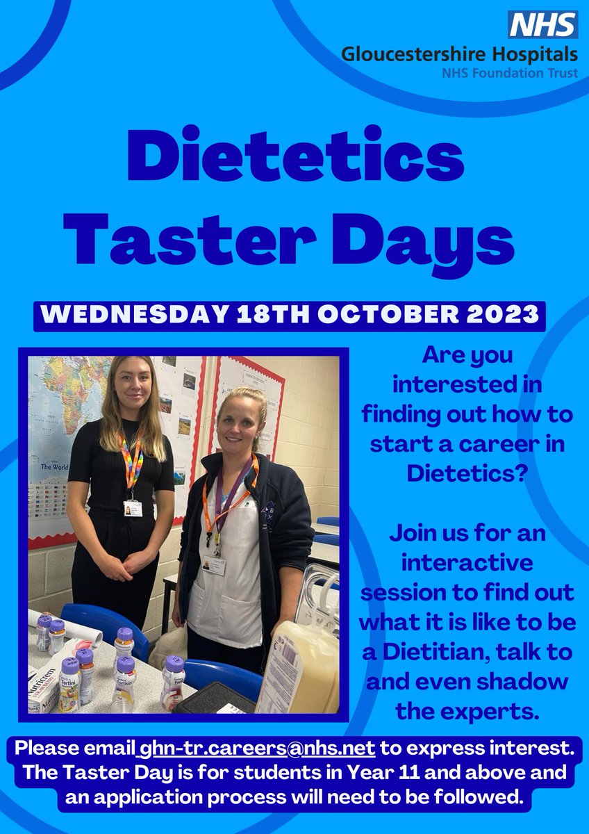 Don't miss out! 🚨

#Dietetics Taster Day is now available to apply for. Email ghn-tr.careers@nhs.net for more details.  

#DW2023 #WeAreDietetics #DietitansWeek2023 #CareersDay #CareersFamily #SkillsforLife #350careers #StepintotheNHS