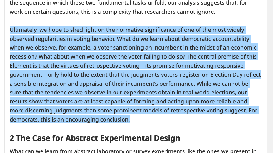AustinRHart's tweet photo. Overall, contra some research suggesting voters are blindly retrospective, we find retrospection to be reasonable (though not optimal). Our participants were quick to appraise and capable of integrating over variable, confounded streams of performance information. https://t.co/QjxMNQcbUa